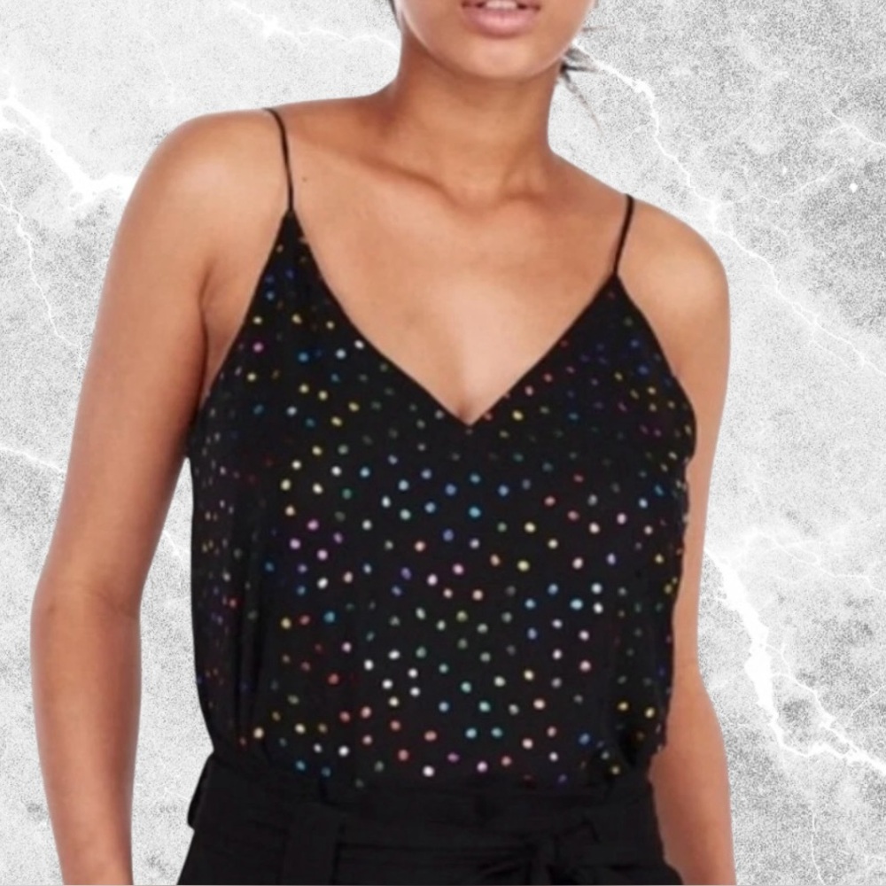 Express Rainbow Foil Dot Double V-Neck Lined Chiffon Cami Tank Size S Black